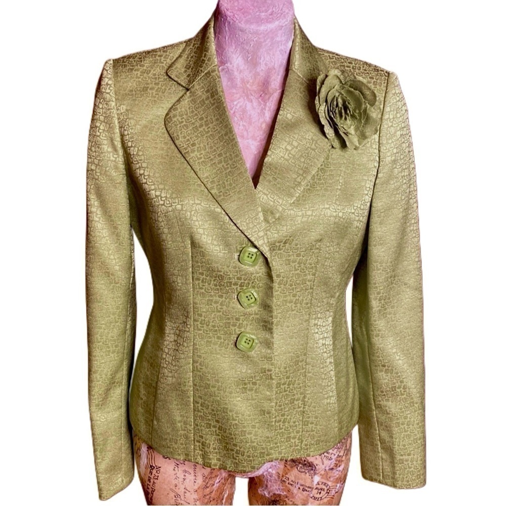 VTG Le Suit Green Blazer Jacket Pockets Lined Rose fabric pin textured Sz 8